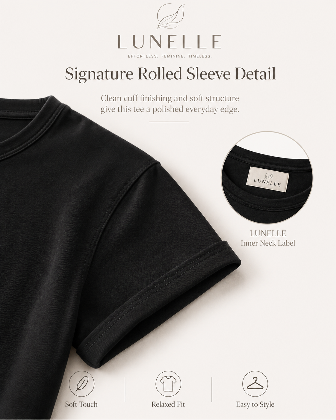 LUNELLE Women's Relaxed Fit T-Shirt - Black Crew Neck Short Sleeve Top