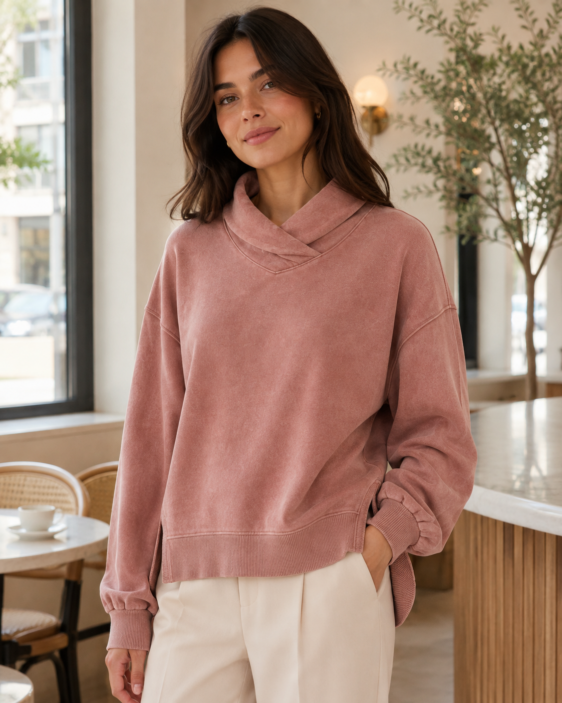LUNELLE Crossover Funnel Neck Pullover Sweatshirt – Relaxed Fit Washed Cotton Top