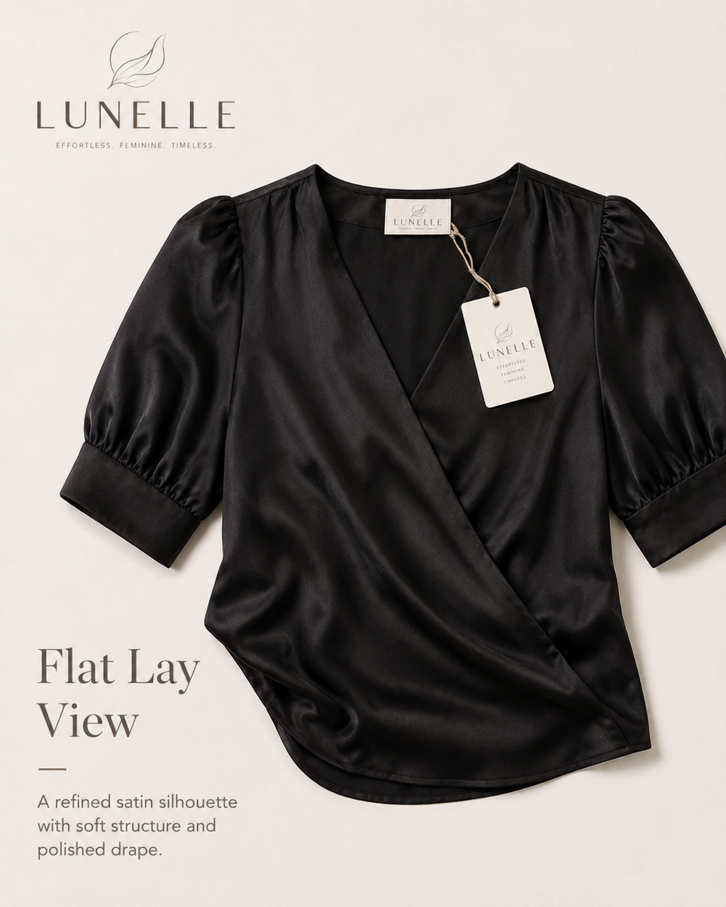 LUNELLE Women's Satin Blouse - Midnight Black V Neck Puff Sleeve Top
