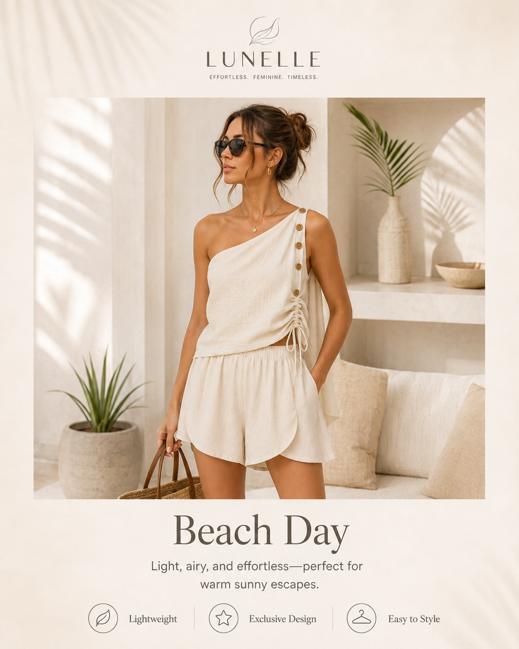 LUNELLE Women's Two Piece Summer Set - One Shoulder Top & High Waist Shorts