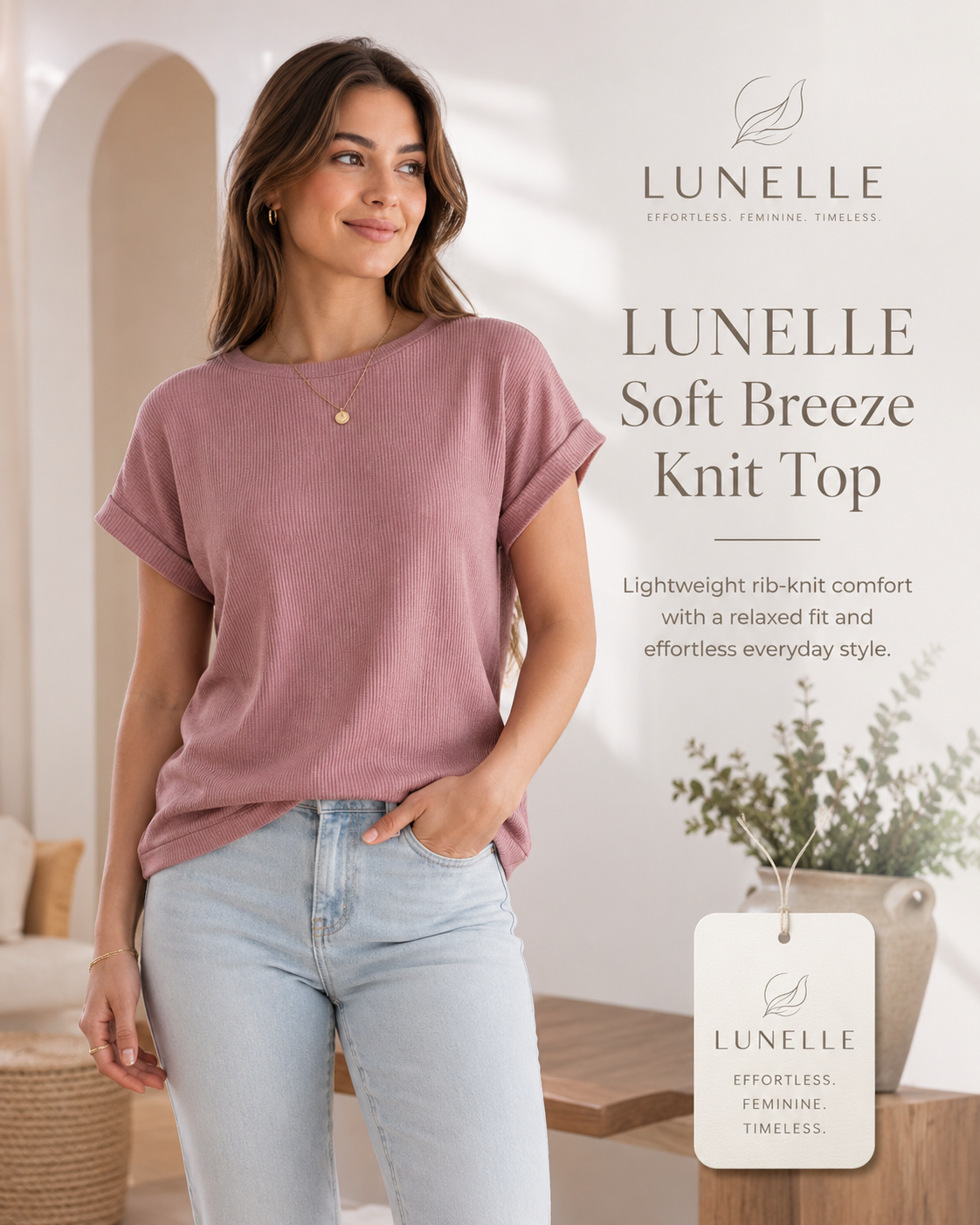 LUNELLE Women's Ribbed Knit Top - Soft Breeze Short Sleeve Shirt
