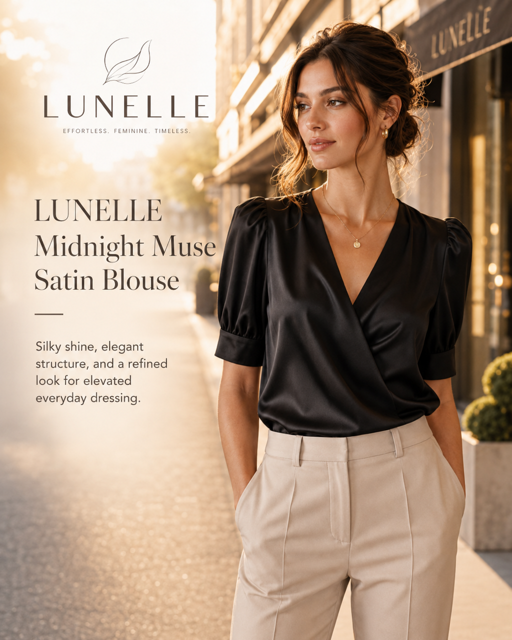 LUNELLE Women's Satin Blouse - Midnight Black V Neck Puff Sleeve Top