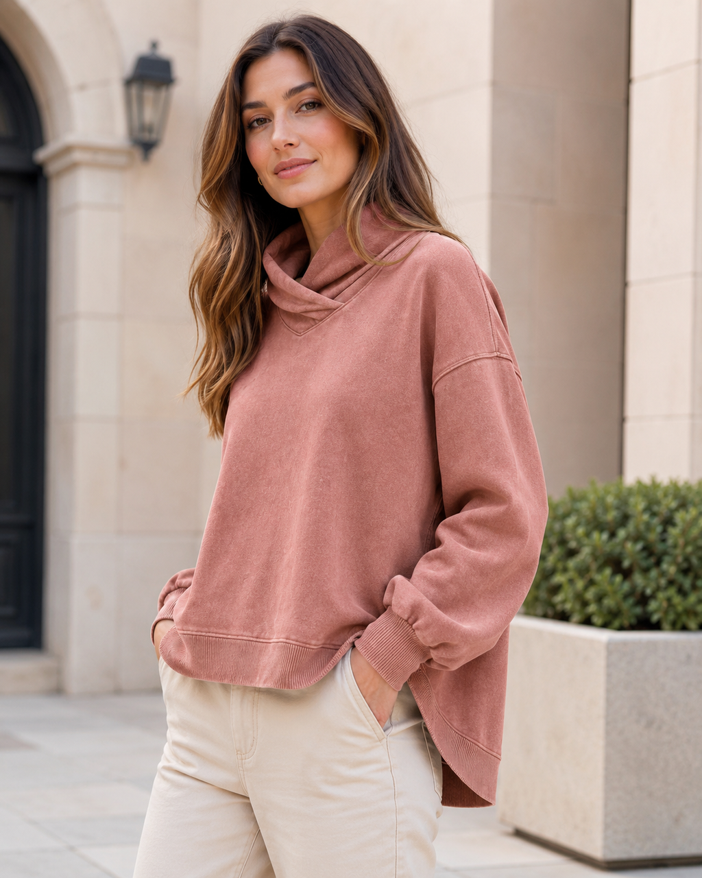 LUNELLE Crossover Funnel Neck Pullover Sweatshirt – Relaxed Fit Washed Cotton Top