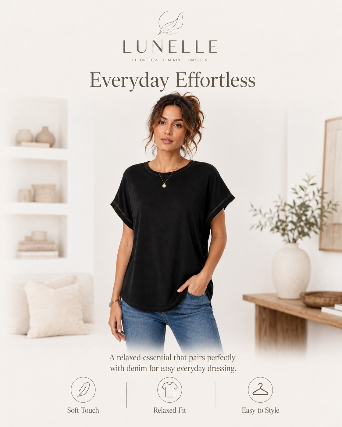 LUNELLE Women's Relaxed Fit T-Shirt - Black Crew Neck Short Sleeve Top