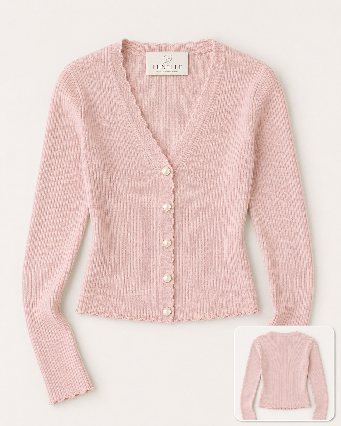 LUNELLE Women's Pearl Button Ribbed Knit Cardigan - Blush Pink