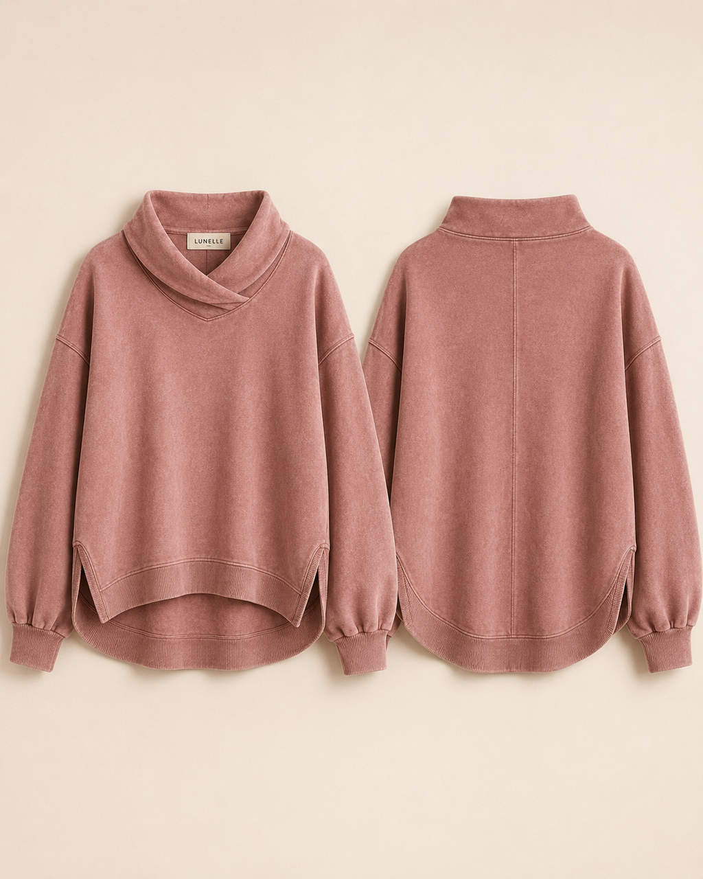 LUNELLE Crossover Funnel Neck Pullover Sweatshirt – Relaxed Fit Washed Cotton Top