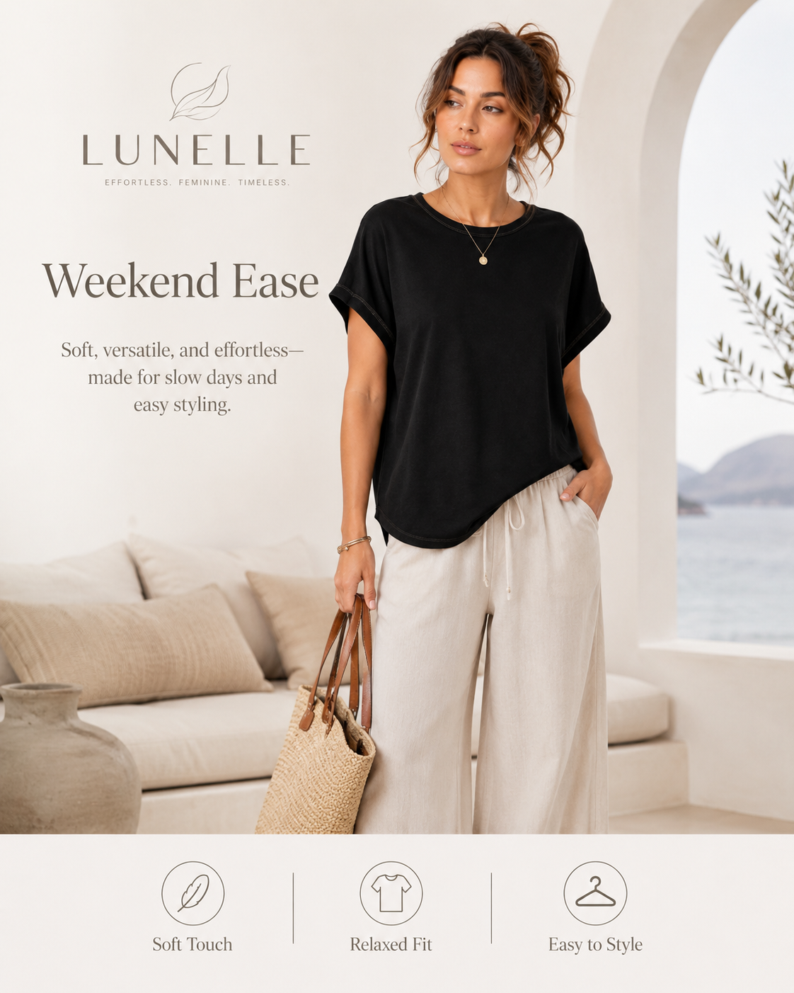 LUNELLE Women's Relaxed Fit T-Shirt - Black Crew Neck Short Sleeve Top