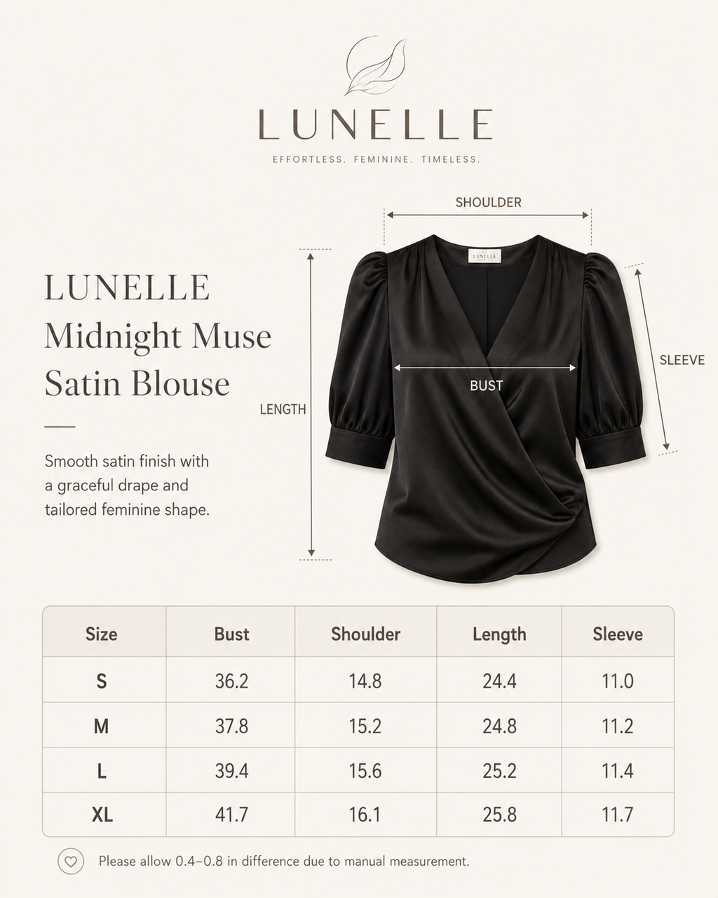 LUNELLE Women's Satin Blouse - Midnight Black V Neck Puff Sleeve Top