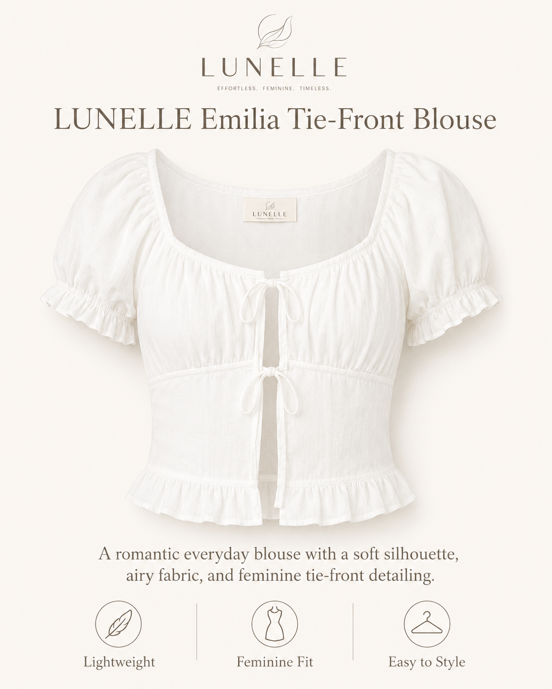 LUNELLE Women's Tie Front Puff Sleeve Blouse - White Textured Top