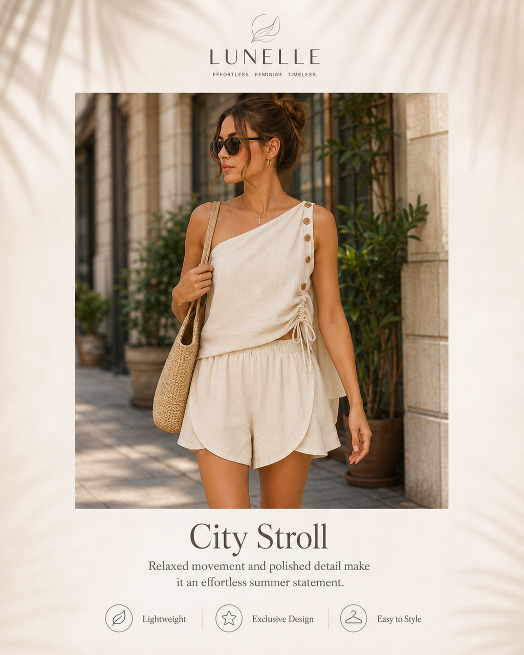 LUNELLE Women's Two Piece Summer Set - One Shoulder Top & High Waist Shorts