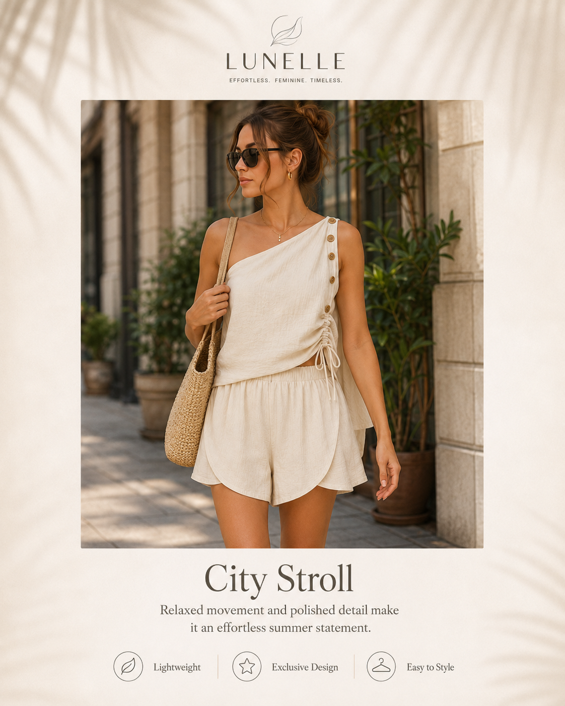 LUNELLE Women's Two Piece Summer Set - One Shoulder Top & High Waist Shorts