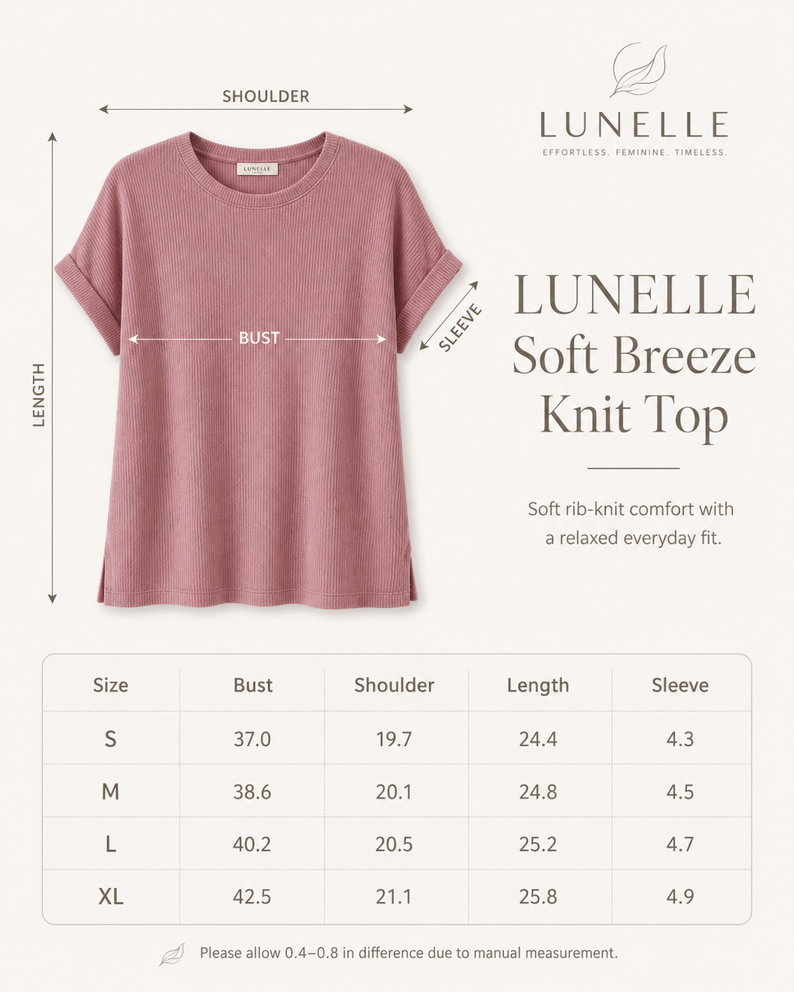 LUNELLE Women's Ribbed Knit Top - Soft Breeze Short Sleeve Shirt