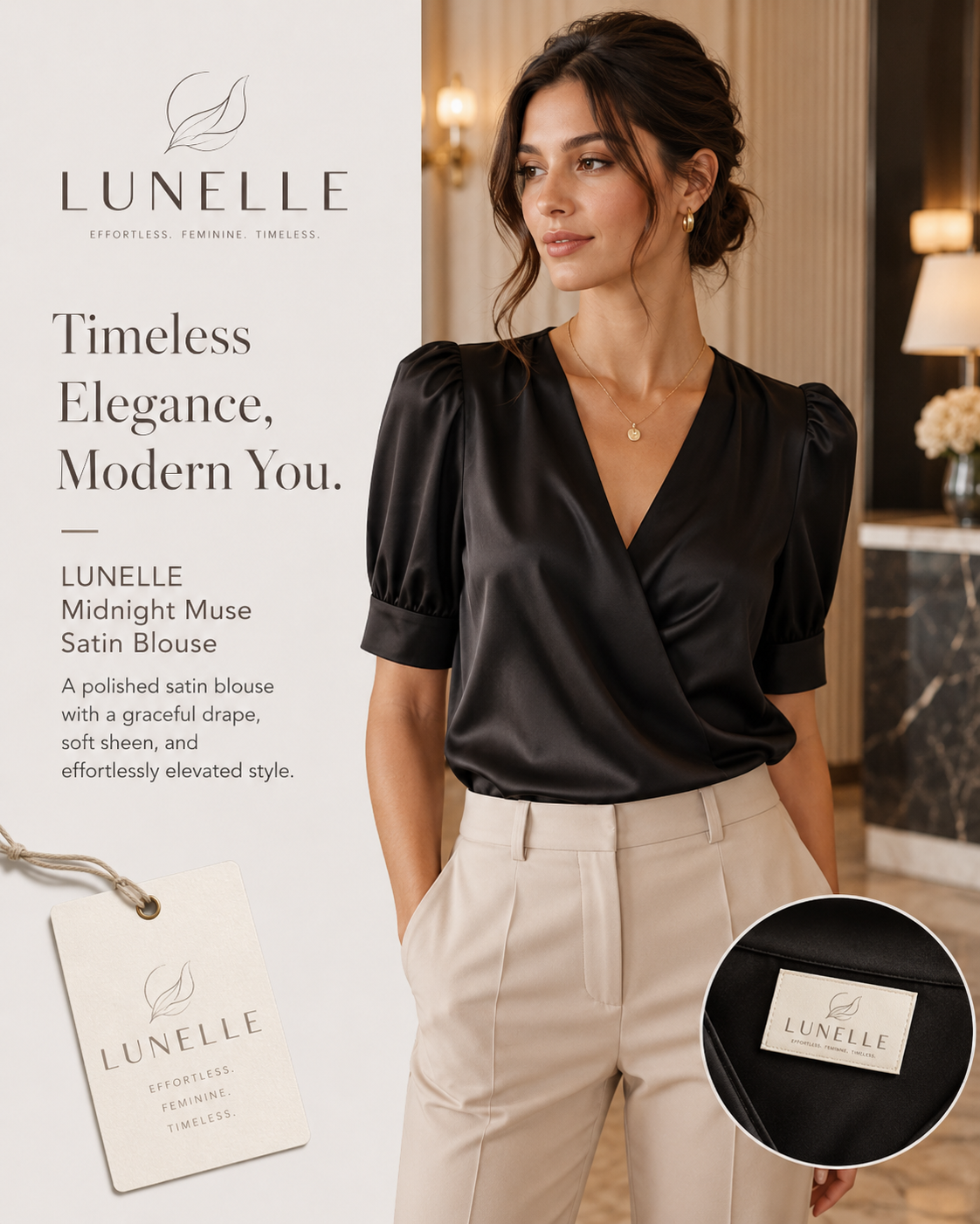 LUNELLE Women's Satin Blouse - Midnight Black V Neck Puff Sleeve Top
