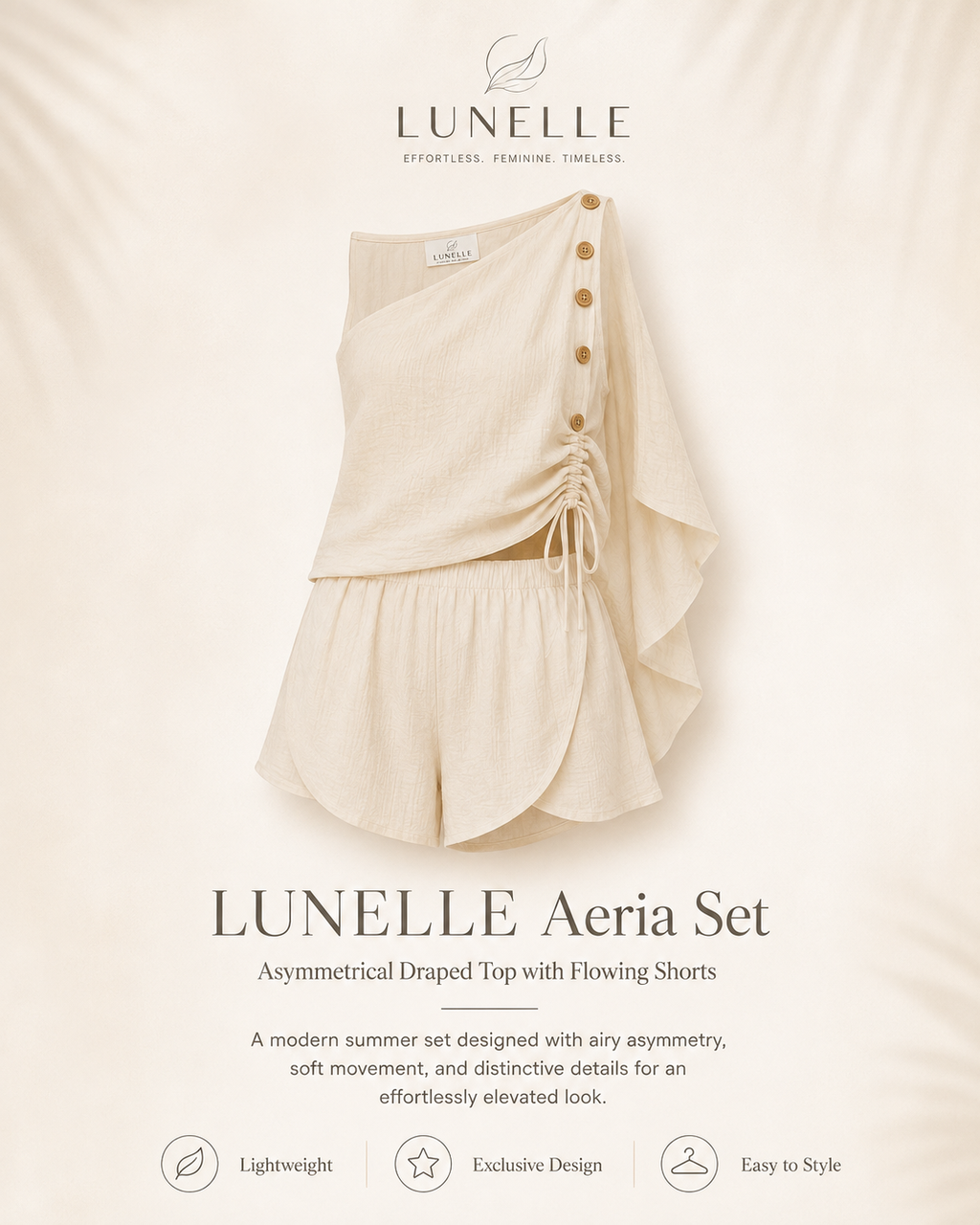 LUNELLE Women's Two Piece Summer Set - One Shoulder Top & High Waist Shorts