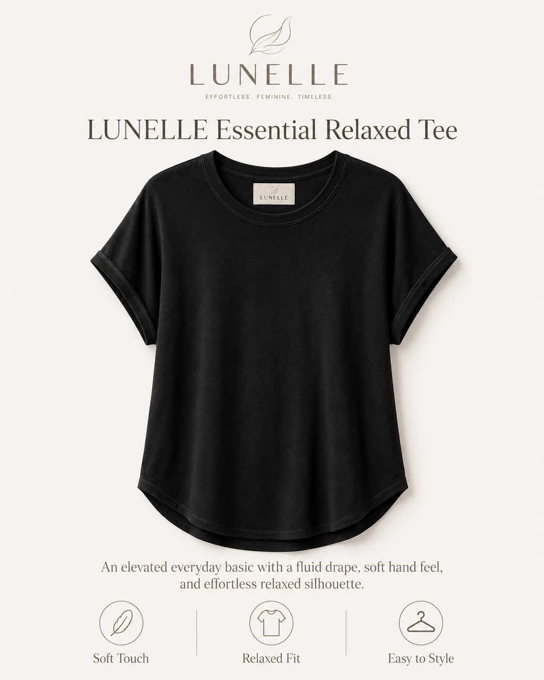 LUNELLE Women's Relaxed Fit T-Shirt - Black Crew Neck Short Sleeve Top