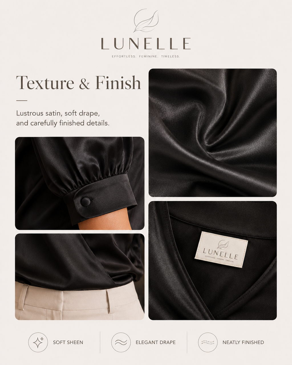 LUNELLE Women's Satin Blouse - Midnight Black V Neck Puff Sleeve Top