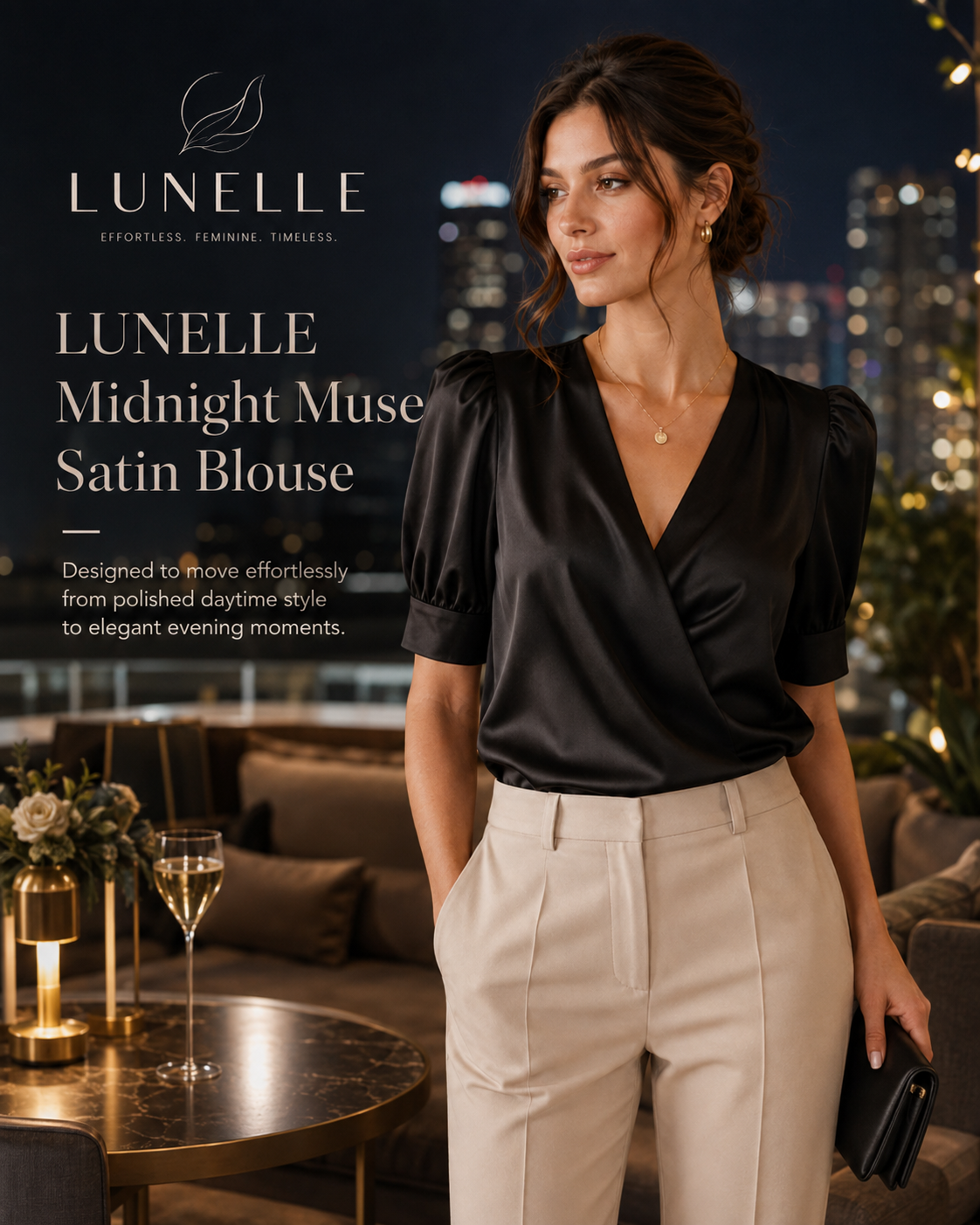 LUNELLE Women's Satin Blouse - Midnight Black V Neck Puff Sleeve Top