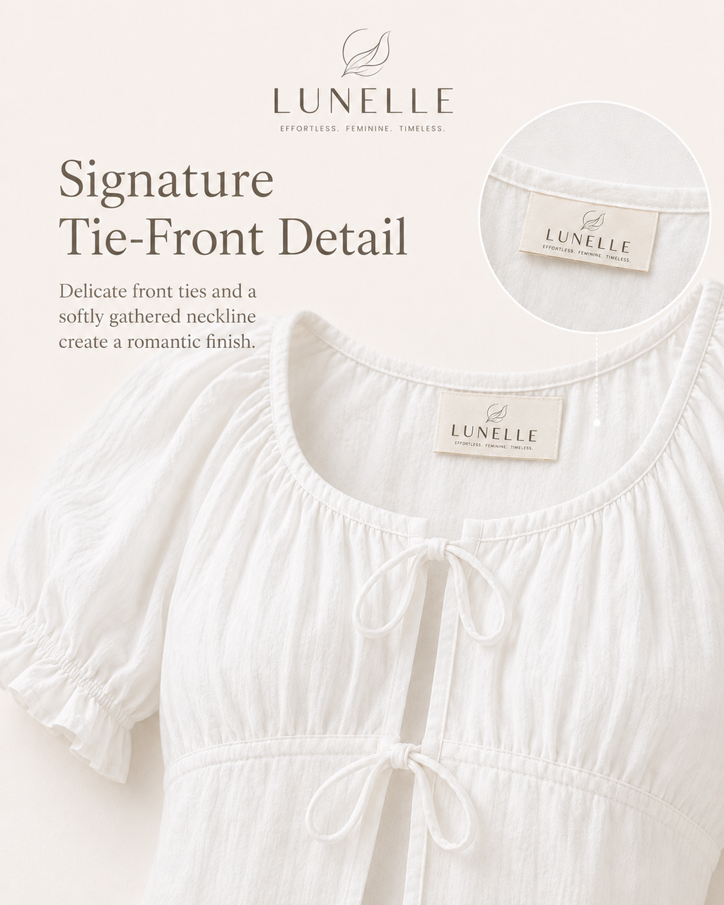 LUNELLE Women's Tie Front Puff Sleeve Blouse - White Textured Top