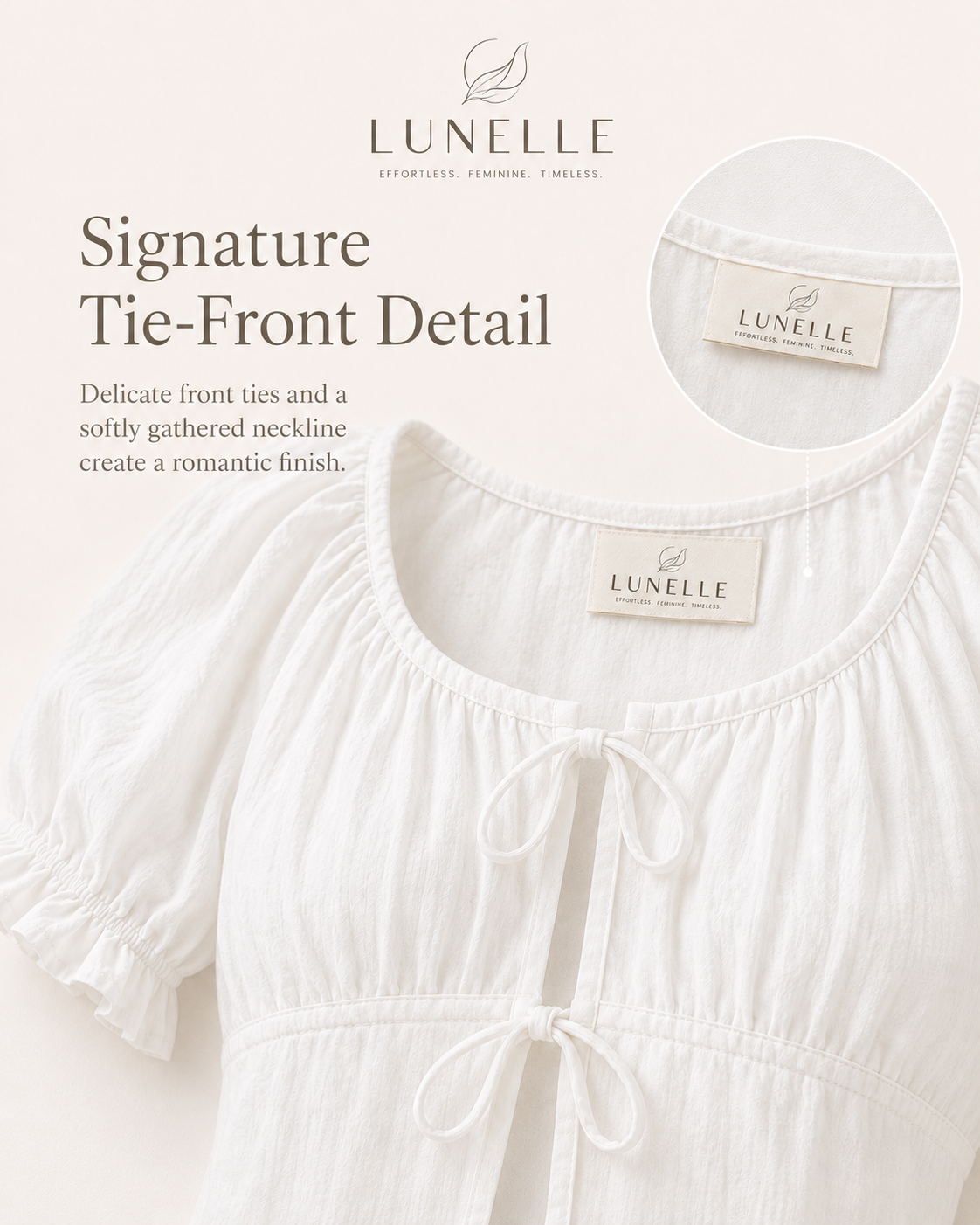 LUNELLE Women's Tie Front Puff Sleeve Blouse - White Textured Top